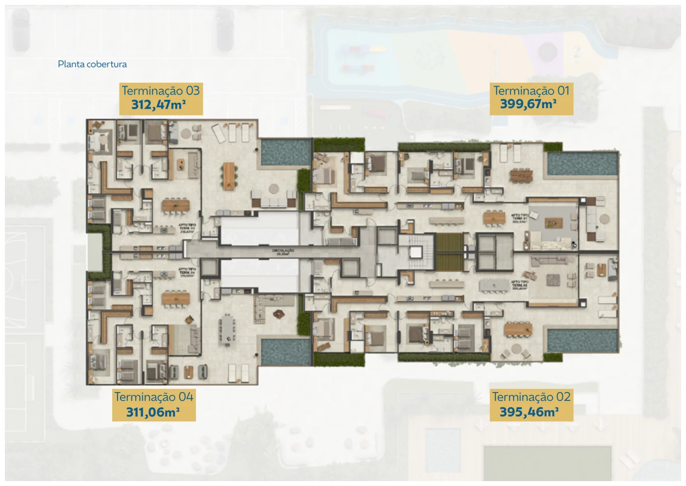Planta das coberturas do Rivage — terminações 01 a 04